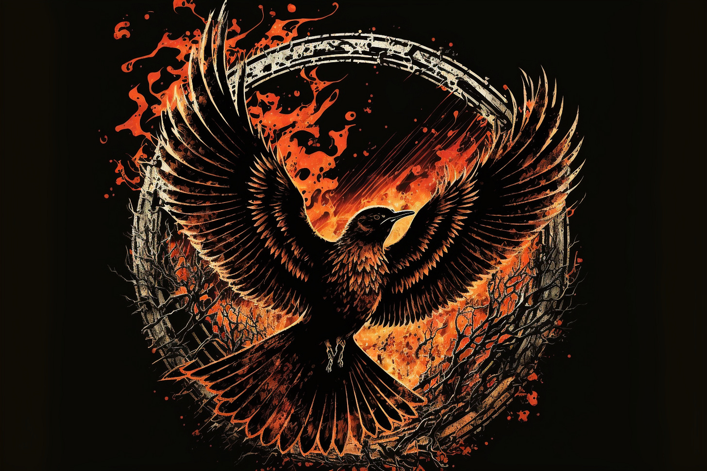 a mockingjay encircled in flames, graphic novel