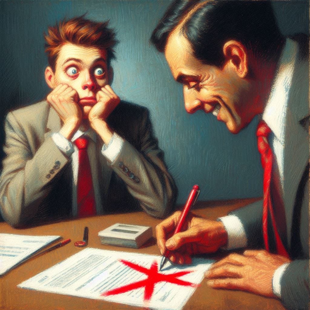 A man in a suit looks on, horrified, as a man wearing a tie and sitting at a desk cheerfully draws a red X through a business proposal on his desk. Slight impressionist style.