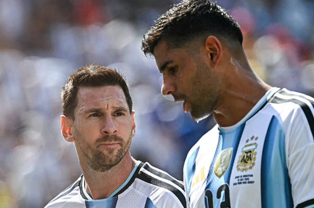 Argentina's forward #10 Lionel Messi speaks with Argentina's defender #13 Cristian Romero during halftime of the 2026 World Cup football tournament final match between Spain and Argentina at the New York/New Jersey Stadium in East Rutherford on July 19, 2026. (Photo by Paul ELLIS / AFP via Getty Images) Argentina's forward #10 Lionel Messi speaks with Argentina's defender #13 Cristian Romero during halftime of the 2026 World Cup football tournament final match between Spain and Argentina at the New York/New Jersey Stadium in East Rutherford on July 19, 2026. (Photo by Paul ELLIS / AFP via Getty Images)