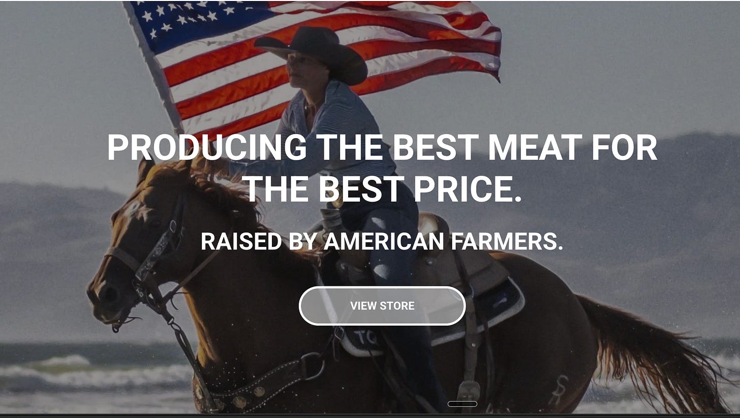 A screenshot from Agridime’s landing page, showing a women riding a horse and carrying an American flag.