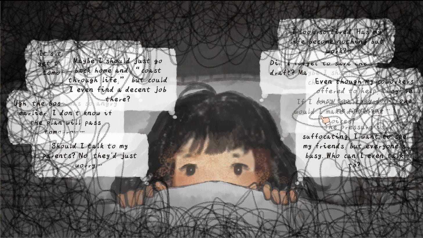 Anxiety Puppy gameplay screenshot: a young girl is surrounded by black scribbles and screeds of texts; she is very anxious. 