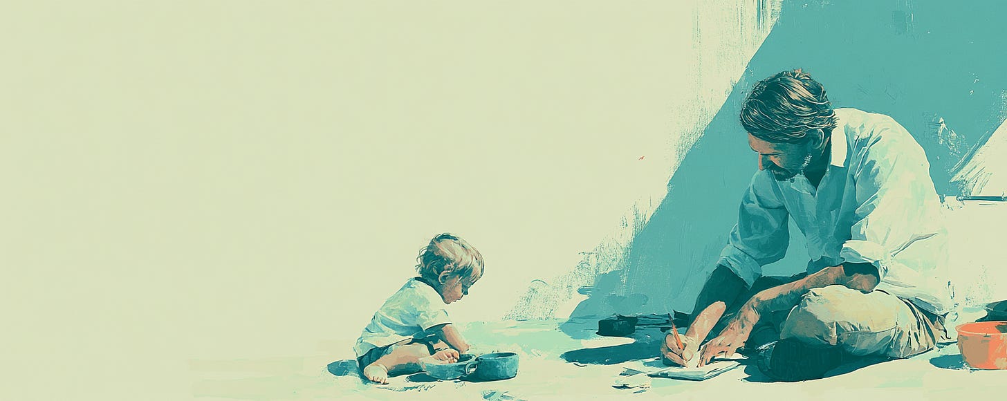 Parent writing in a notebook while a child plays nearby Parent writing in a notebook while a child plays nearby