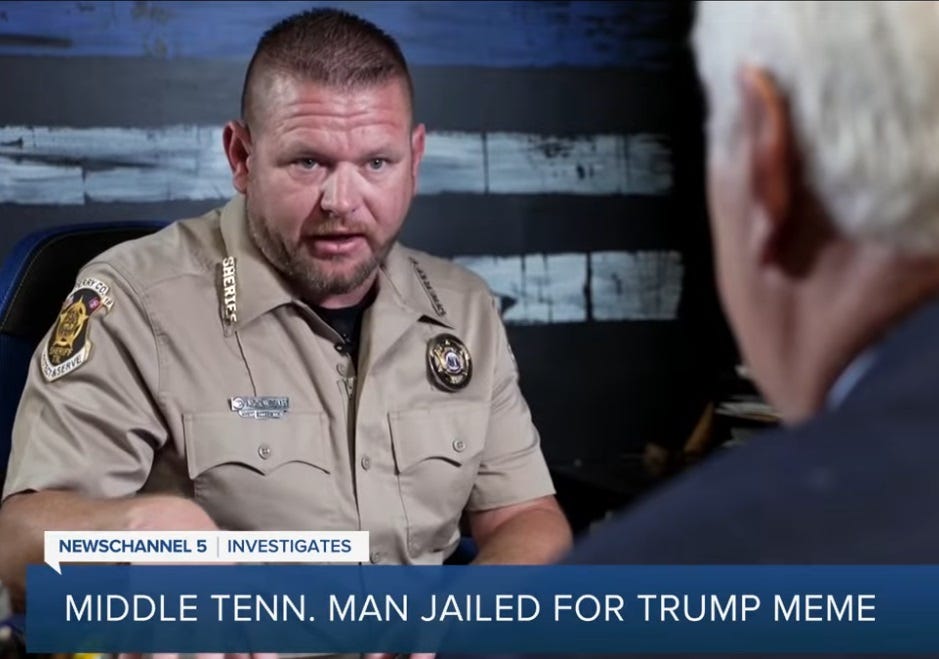 But man, proud man, Dress'd in a little brief authority, Most ignorant of what he's most assur'd— His glassy essence—like an angry ape Plays such fantastic tricks before high heaven As makes the angels weep.  OK, it's also a screenshot of a fuckhead sheriff with a crewcut and beard, looking like a fuckhead on local teevee.