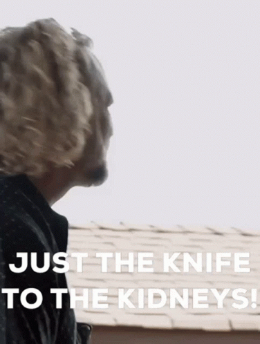 a man says just the knife to the kidneys while standing on a rooftop