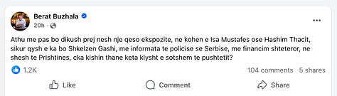 Berat Buzhala's Facebook Posts targeting Shkelzen Gashi and linking him with sitting PM Albin Kurti
