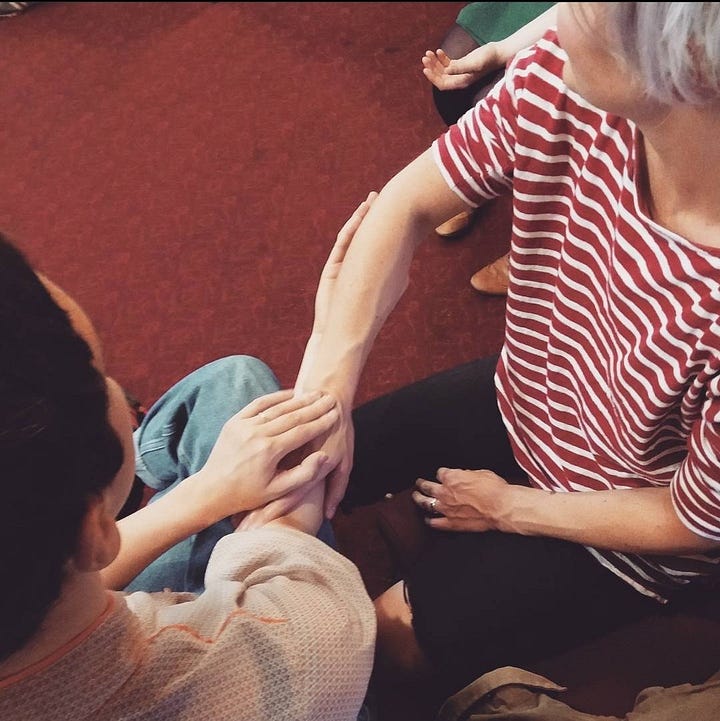 Two women enjoying a partner massage session; two women plus cake; a woman holding a bullet journal, three women at a music festival