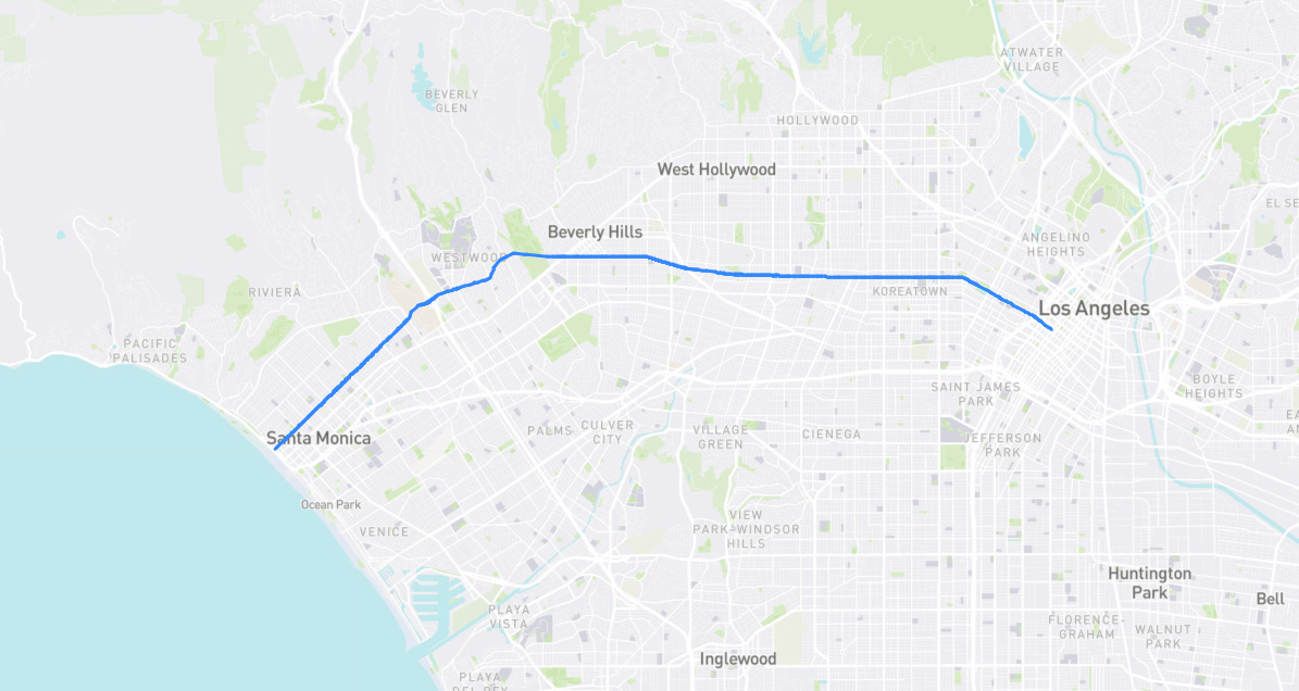 Map of Wilshire Boulevard in Los Angeles County, California