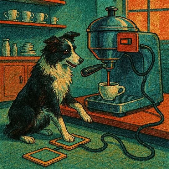 a border collie tapping pads on the floor of a coffee shop which are connected to control an espresso machine and cause coffee to pour out, 1960s sci-fi colored drawing.