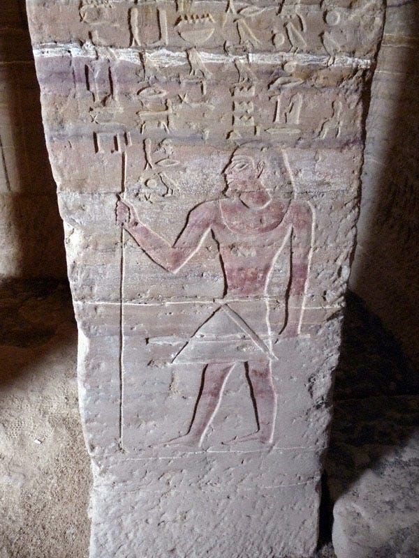 Coloured Column carving of Harkhuf, with hieroglyphics
