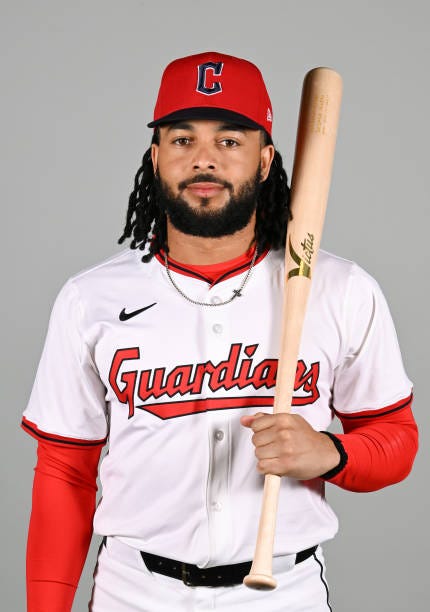 George Valera of the Cleveland Guardians poses for a photo during the Cleveland Guardians Photo Day at Goodyear Ballpark on Thursday, February 20,...