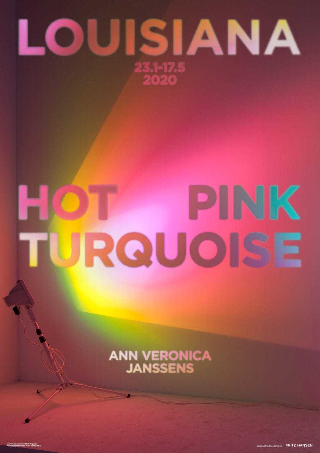Promotional poster by Louisiana art gallery in Copenhagen of the HOT PINK TURQUOISE exhibition by Ann Veronica Janssens in 2020 whose exhibits used colourful lights project pink, purple, orange and green on plain walls around the gallery space.