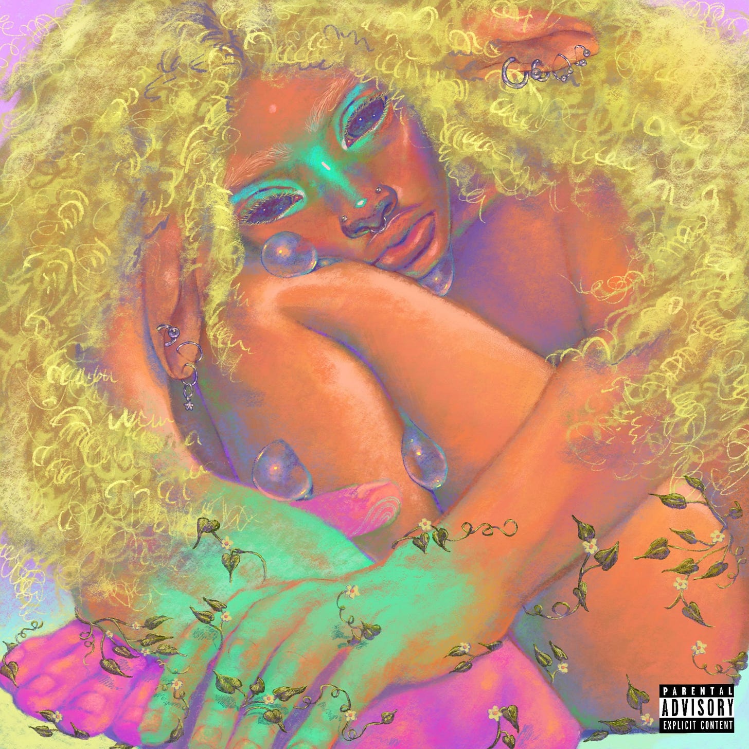 the album cover for The Chronicles of a Caterpillar: The Egg by V.C.R. it's a colorful illustration featuring an ethereal Black woman with blonde hair, green makeup/hands, multiple ear piercings, and pink feet perched with her face resting on her knees