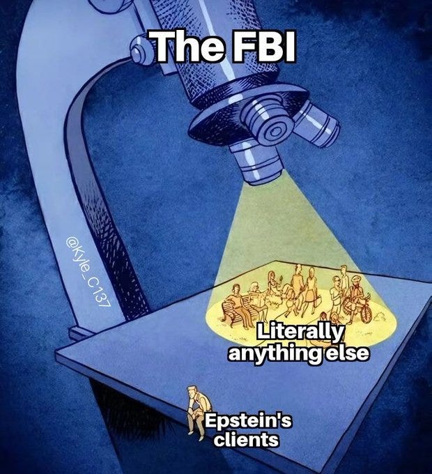 A cartoon drawing of a microscope with a spotlight illuminating a group of people labeled "Literally anything else" on a platform. Below the platform, a small figure labeled "Epstein\'s clients" stands alone. Text at the top reads "The FBI".