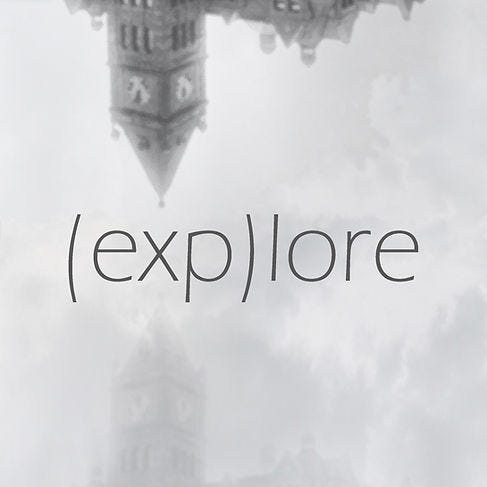 An upside down clocktower over the word "(exp)lore" An upside down clocktower over the word "(exp)lore"