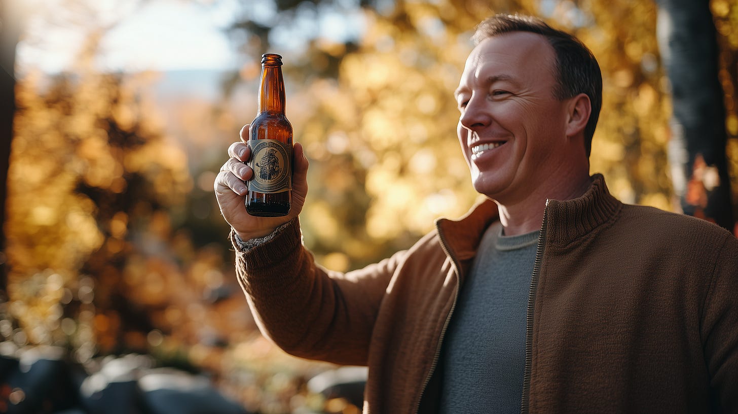 A cheerful man in a brown jacket holds a beer bottle with an illustrated label in an outdoor autumn setting. Warm fall foliage frames the scene, creating a relaxed and inviting atmosphere.