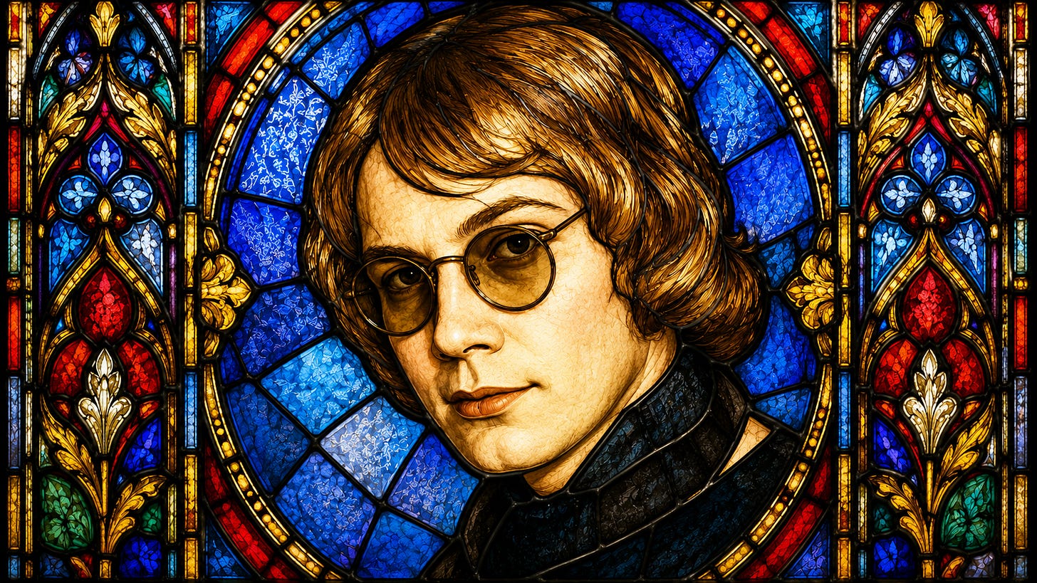 Warren Zevon depicted in stained glass.