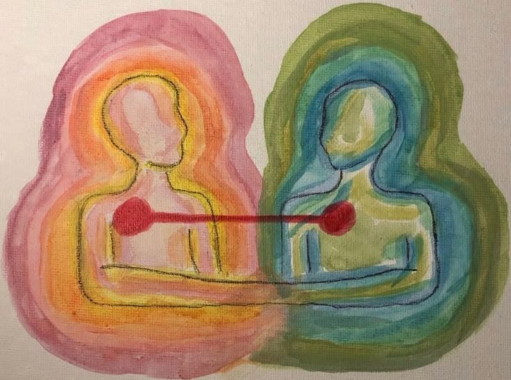 This may contain: an abstract painting of two people facing each other and one is holding a heart shaped object