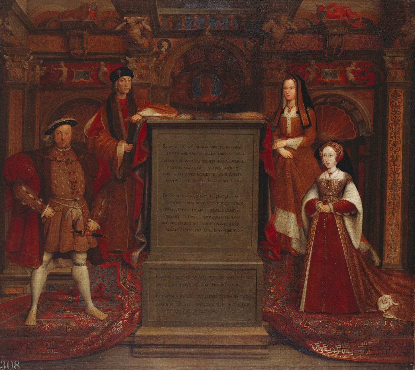 Remigius van Leemput, copy after Hans Holbein the Younger's Whitehall mural of Henry VIII, Henry VII, Elizabeth of York and Jane Seymour, 1667. Royal Collection.