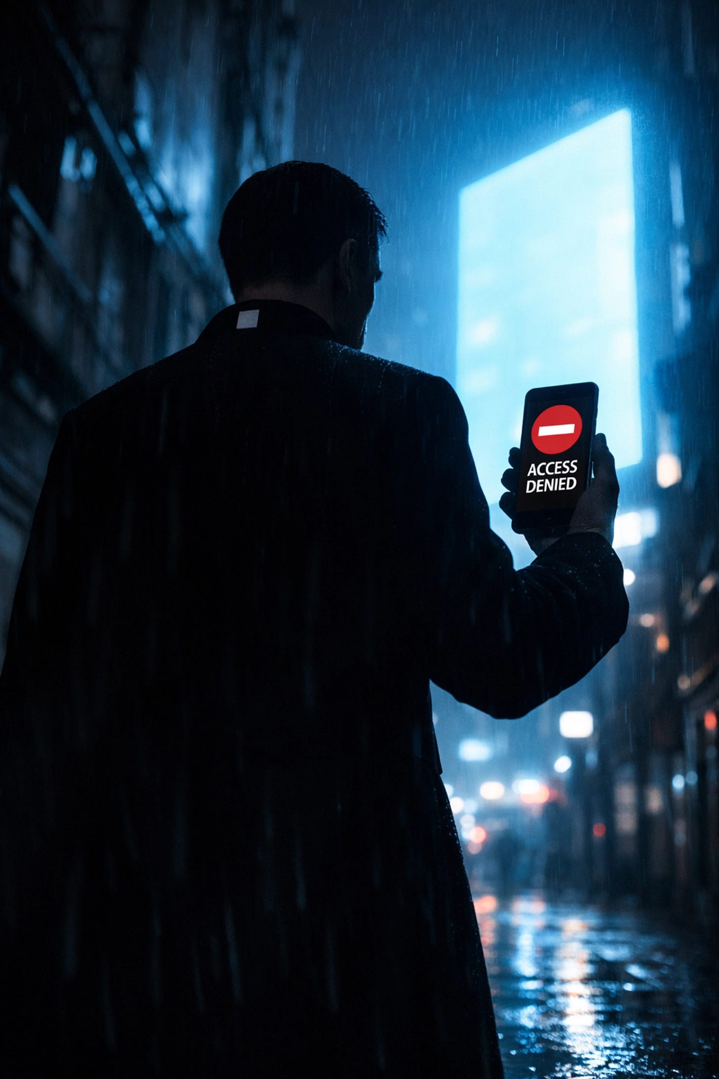 Silhouette of a priest facing digital erasure and restricted religious freedom in a modern surveillance state.