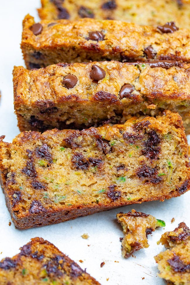 Three slices of chocolate chip zucchini bread. Three slices of chocolate chip zucchini bread.