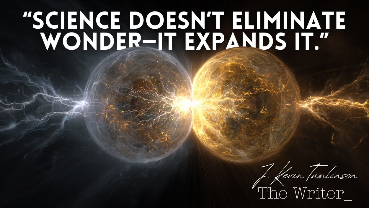 Two particles colliding, and the phrase “Science doesn’t eliminate wonder—it expands it.” Two particles colliding, and the phrase “Science doesn’t eliminate wonder—it expands it.”
