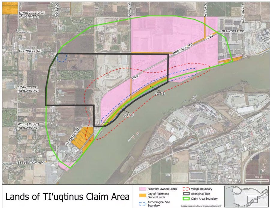 Map displays lands of TQuotnus claim area in Richmond BC with orange highlighting archaeological site green for village boundary pink for reserve land black outlines for claim boundaries and red lines possibly indicating affected zones over aerial satellite imagery of rural landscape with river curving through fields roads and developed areas labeled with Westmont Road and Loup areas.