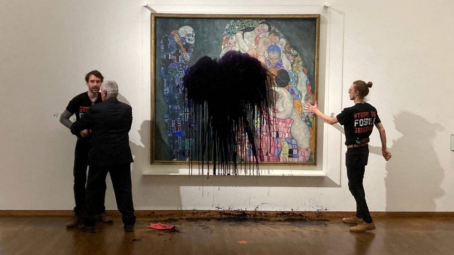 Gustav Klimt's painting "Tod und Leben" is seen after activists of Last Generation Austria (Letzte Generation Oesterreich) spilled oil on it in Leopold museum in Vienna, Austria, November 15, 2022. Gustav Klimt's painting "Tod und Leben" is seen after activists of Last Generation Austria (Letzte Generation Oesterreich) spilled oil on it in Leopold museum in Vienna, Austria, November 15, 2022.