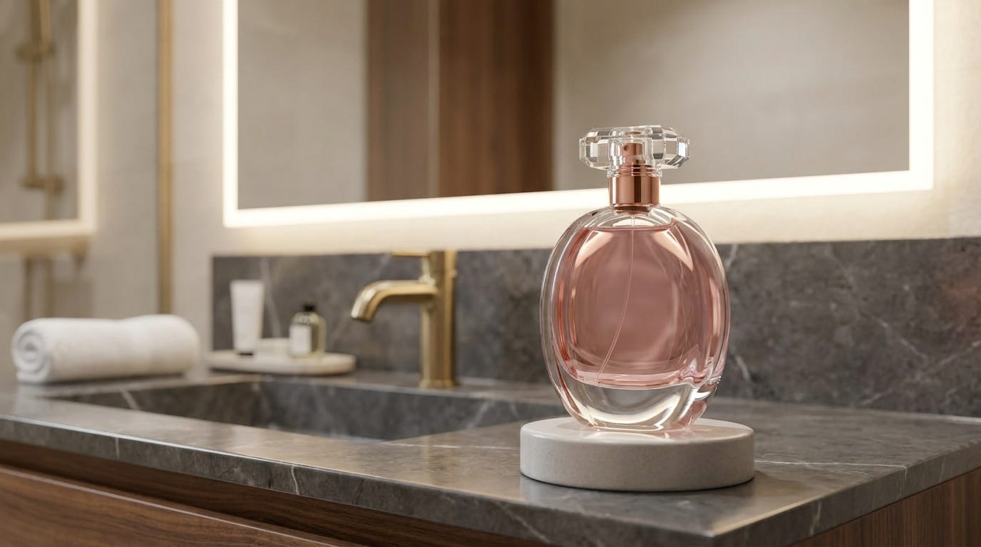 Image of a transparent women's perfume bottle, on a photo stand, in a fancy hotel bathroom.