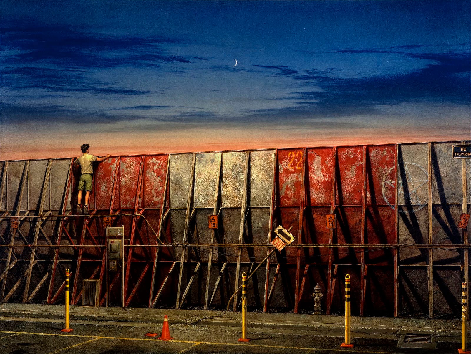 A boy in a white shirt, olive shorts, and black sneakers stands tip-toed on electrical conduit mounted along a buttressed barricade. With hands set on the top edge of the barrier, he stares out at crescent moon visible between wispy clouds in a dusky blue and orange sky. Paint on the panels of the barricade alternates between white and red, heavily weathered to reveal rough metal texture. Each panel carries an orange sign labeled A13 through A17 running from right to left. A “NO TRESPASSING” sign on the upper right of the barrier hangs near a circled 5-pointed star in fading white paint. At the center of the barricade, the pole of an exit sign is bent at its base leaving the arrow angled up at 45°. A narrow wedge of parking lot sneaks into the lower panel with four yellow stanchions striped in black, a single traffic cone, and yellow stripes demarcating parking spaces.