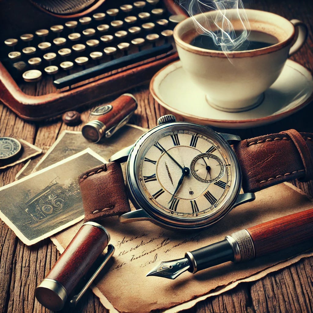 An evocative and detailed image of a vintage mechanical wristwatch with a worn leather strap resting on an old wooden table, surrounded by nostalgic elements like faded photographs, a fountain pen, and a cup of steaming coffee. The watch face has a classic analog design with Roman numerals, showing signs of age with slight scratches on the glass, and the overall setting exudes warmth and sentimentality, reflecting memories and timelessness.