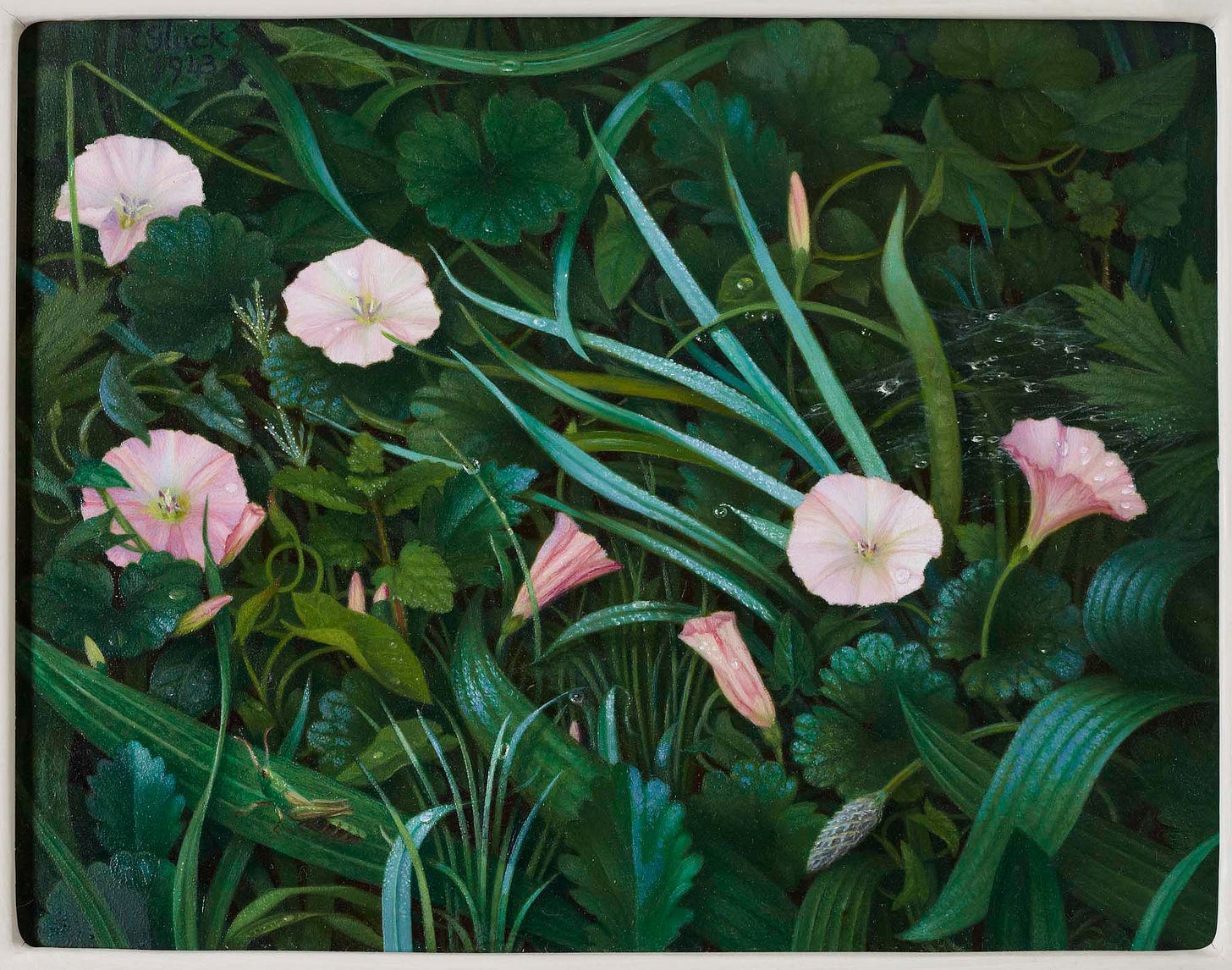 A painting of lush greenery with long, slender leaves and vibrant pastel pink morning glory flowers. The scene is serene and natural, evoking a sense of tranquil beauty. There is a grasshopper on one of the leaves in the front. Most of the leaves have a dewey look, as if it just rained. A painting of lush greenery with long, slender leaves and vibrant pastel pink morning glory flowers. The scene is serene and natural, evoking a sense of tranquil beauty. There is a grasshopper on one of the leaves in the front. Most of the leaves have a dewey look, as if it just rained.