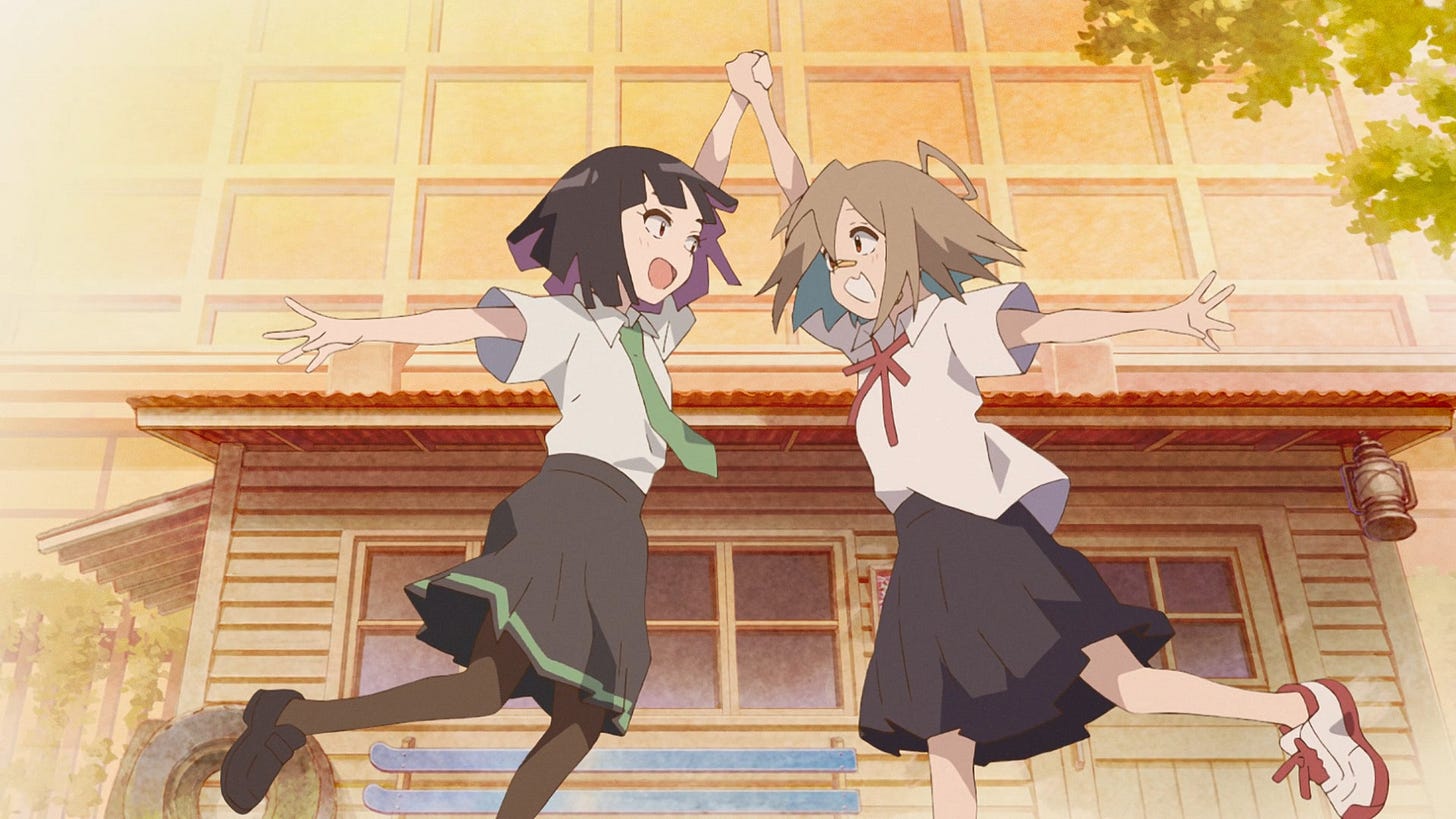 Yua and Purin holding hands and jumping.