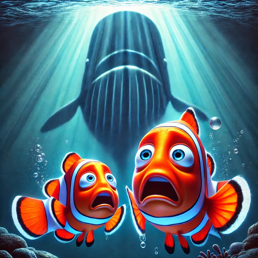 An underwater scene featuring a father and son clownfish with very human-like expressions, reminiscent of a DreamWorks animation style. Their faces are replaced with clown emojis, both looking up in horror at a giant shadow above them. The shadow is loosely outlined in the shape of a whale, adding a sense of impending danger. The father and son clownfish are brightly colored in orange and white stripes, with exaggerated, expressive eyes and mouths, conveying fear. The ocean background is deep blue with beams of light filtering through, heightening the dramatic atmosphere.