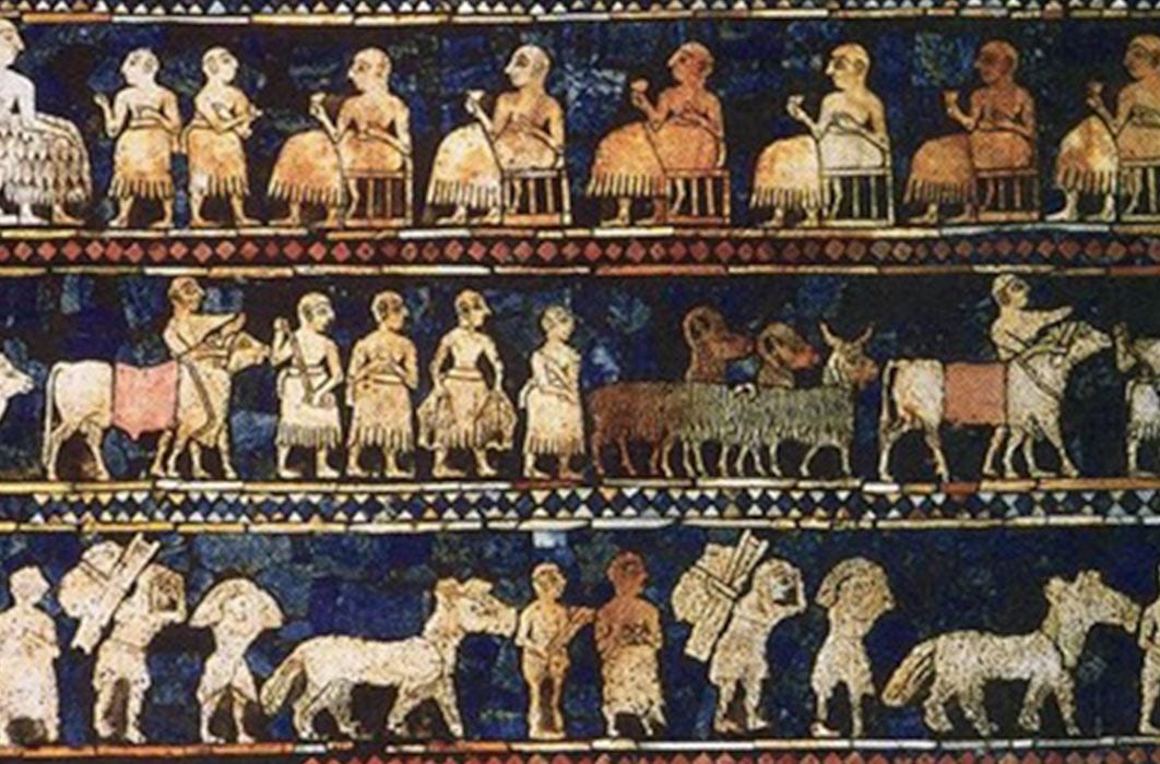 From the royal tombs of Ur, the Standard of Ur mosaic, made of lapis lazuli and shell, shows peacetime. (Public Domain)