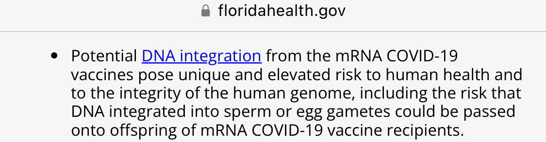 Screenshot from floridahealth.gov dated September 12th, 2024. Text says: "Potential DNA integration from the mRNA COVID-19 vaccines pose unique and elevated risk to human health and to the integrity of the human genome, including the risk that DNA integrated into sperm or egg gametes could be passed onto offspring of mRNA COVID-19 vaccine recipients."
