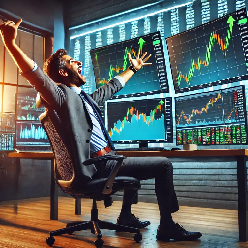 A stock trader sitting at his desk in front of multiple monitors, showing an ecstatic expression after a big win. He is leaning back in his chair, throwing his arms up in the air in celebration. The monitors display stock charts with green arrows indicating a surge in prices. The room has a professional trading setup, with charts, graphs, and financial data visible. The trader is dressed in a casual business outfit, with a vibrant, dynamic atmosphere in the background reflecting the excitement of a successful trade.