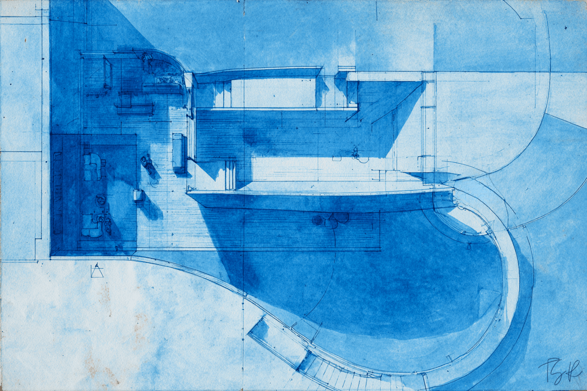 Architectural design blueprint/drawing in vivid blue and white, showing a fluid, curved floor plan.