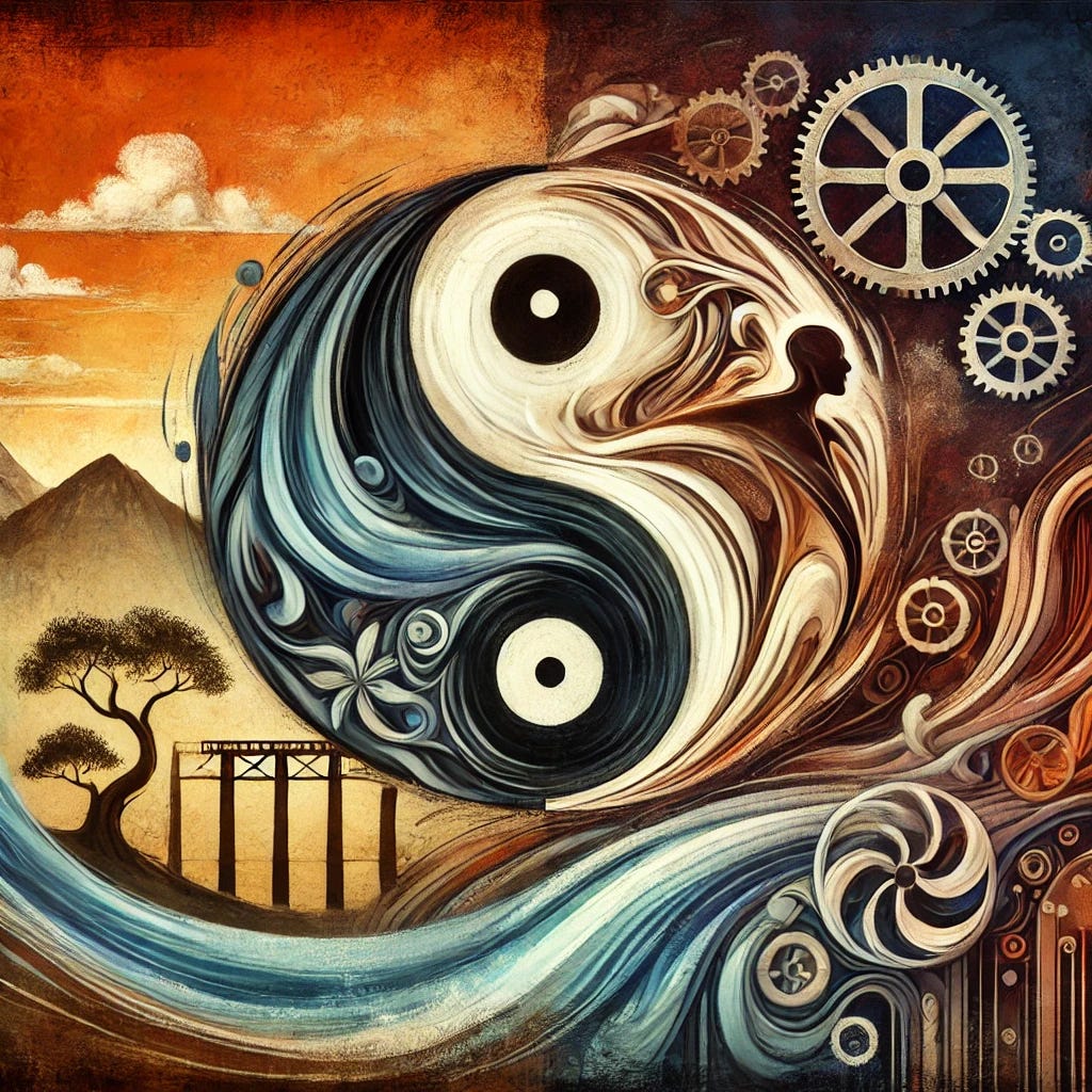 A symbolic representation of the struggle between two modes of being: cooperation vs. domination. The image features a yin-yang symbol intertwined with abstract human figures—one side representing unity, acceptance, and flow, while the other depicts control, rigidity, and exploitation. The background is a blend of warm and cool tones, symbolizing the tension between these opposing forces. Subtle imagery of nature (trees, water) and industry (gears, smoke) enhance the contrast.