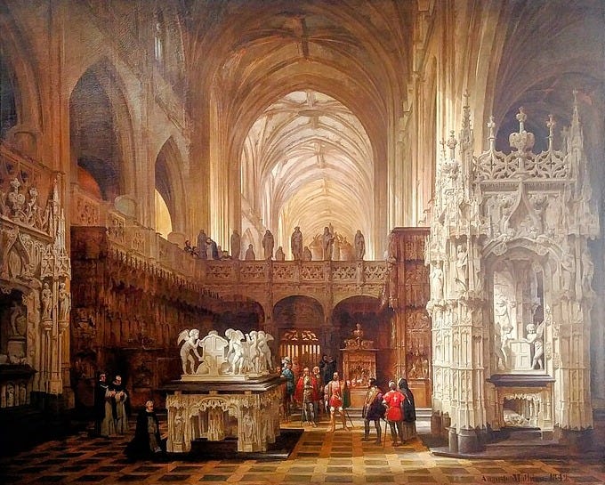 Fichier:Auguste Mathieu - Le roi François Ier en visite au monastère de Brou, 1842.jpg
