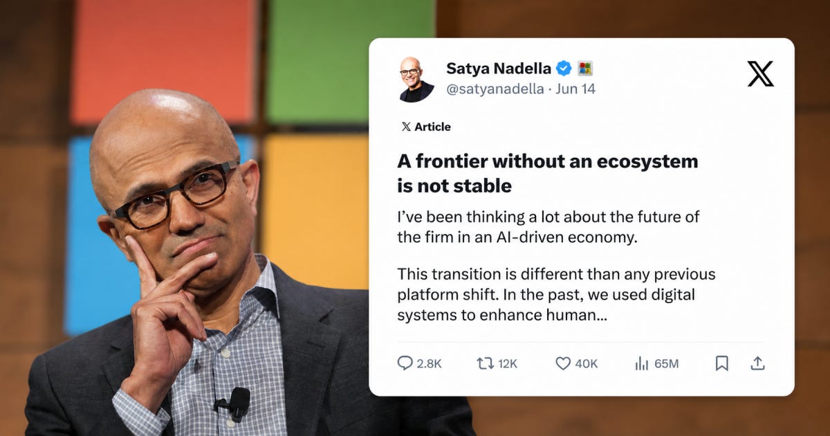 Microsoft CEO Satya Nadella argues a company's real AI edge is the learning loop it builds on top of any model, not the model itself, balancing human capital and token capital — The Signal Newsletter Microsoft CEO Satya Nadella argues a company's real AI edge is the learning loop it builds on top of any model, not the model itself, balancing human capital and token capital — The Signal Newsletter