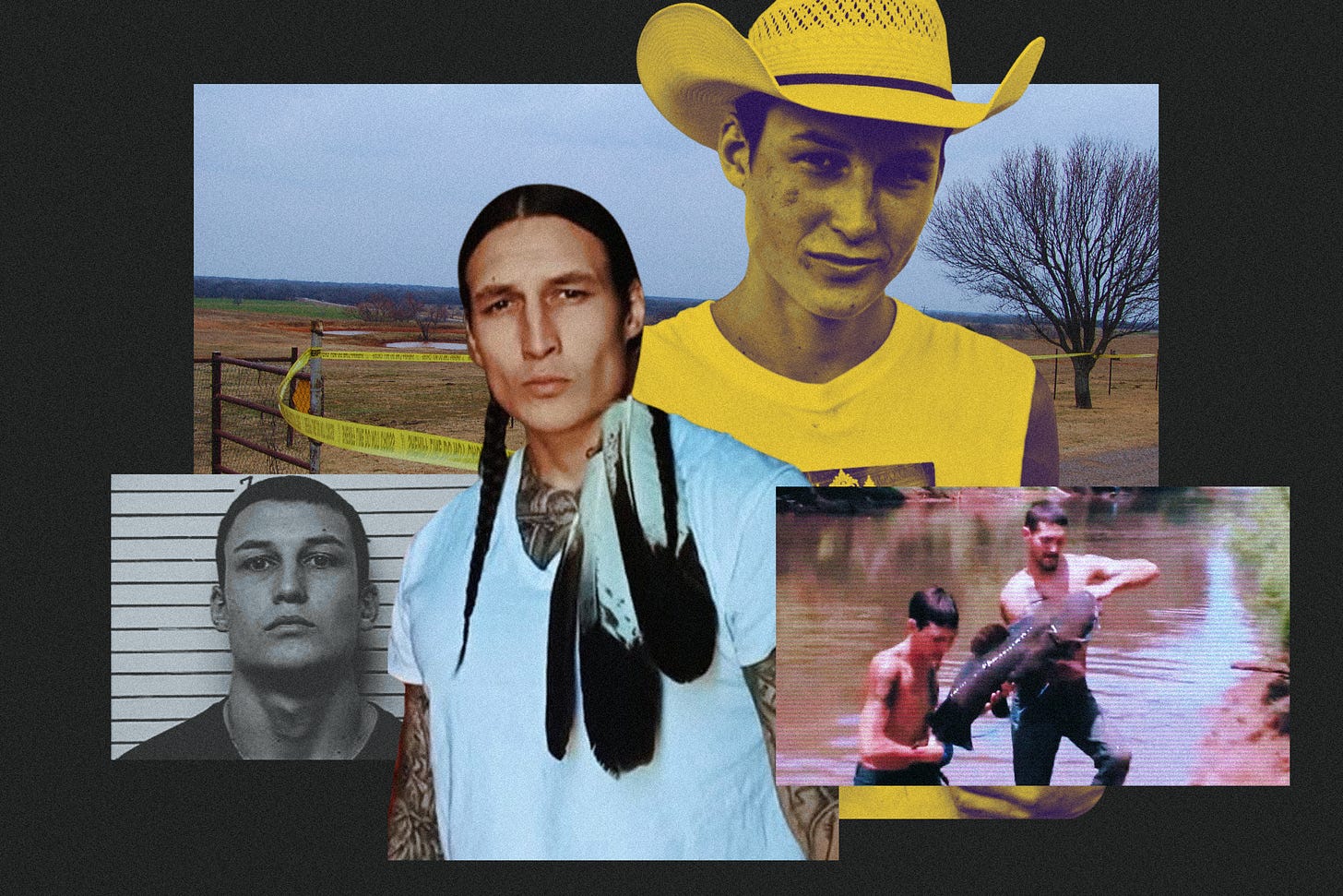 Collage of Winston Walters as a teen, in a mug shot, noodling catfish in Oklahoma.