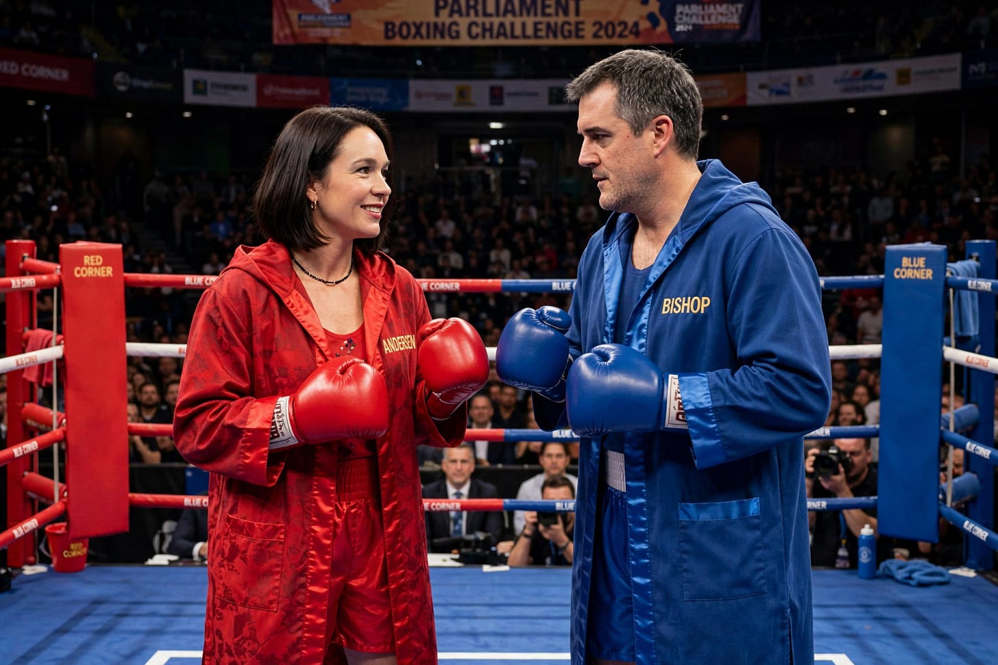Andersen and Bishop in a boxing ring.
