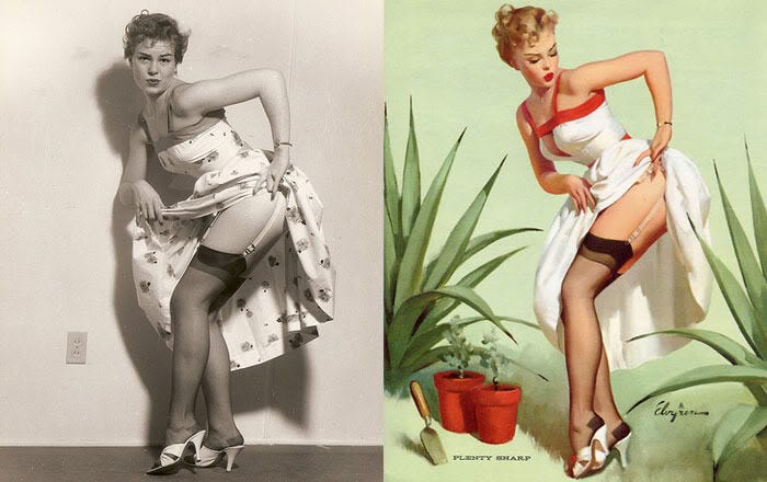 This fascinating side-by-side reveals the real woman who posed for Gil Elvgren, showcasing how her photograph was transformed into his iconic pin-up art and capturing the essence of live models on canvas. This fascinating side-by-side reveals the real woman who posed for Gil Elvgren, showcasing how her photograph was transformed into his iconic pin-up art and capturing the essence of live models on canvas.