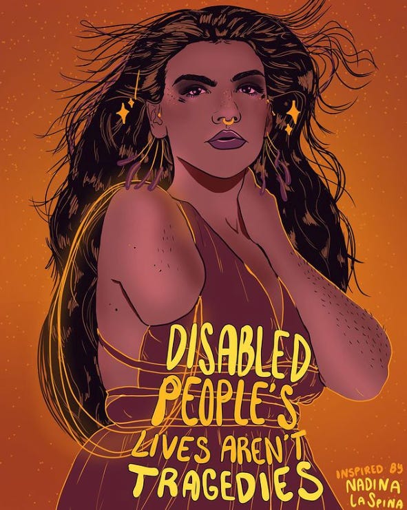 A disabled brown fem with long black hair in a Wonder Woman-esque pose. They are looking at the viewer, hair flying in the wind, and clutching their neck. Propped on their amputated arm is a golden lasso. They are wearing a purple dress which has text that reads, "Disabled people's lives aren't tragedies" inspired by disability justice activist Nadina LaSpina. A disabled brown fem with long black hair in a Wonder Woman-esque pose. They are looking at the viewer, hair flying in the wind, and clutching their neck. Propped on their amputated arm is a golden lasso. They are wearing a purple dress which has text that reads, "Disabled people's lives aren't tragedies" inspired by disability justice activist Nadina LaSpina.