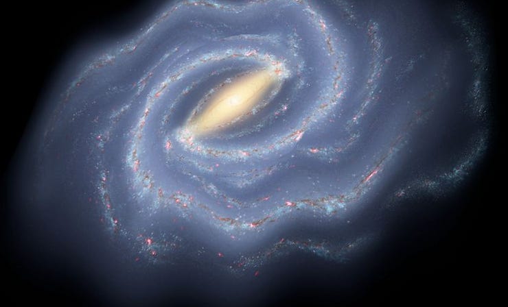 An artist's illustration of the Milky Way galaxy, depicting ripples on its edge. The image shows the spiral structure of the Milky Way, with bright yellow light at the center and swirling blue and white arms extending outward. Red and pink areas indicate regions of star formation. The illustration highlights the detailed and dynamic features of the galaxy's structure. The caption credits NASA JPL-Caltech and R. Hurt (SSC Caltech) for the artwork. An artist's illustration of the Milky Way galaxy, depicting ripples on its edge. The image shows the spiral structure of the Milky Way, with bright yellow light at the center and swirling blue and white arms extending outward. Red and pink areas indicate regions of star formation. The illustration highlights the detailed and dynamic features of the galaxy's structure. The caption credits NASA JPL-Caltech and R. Hurt (SSC Caltech) for the artwork.