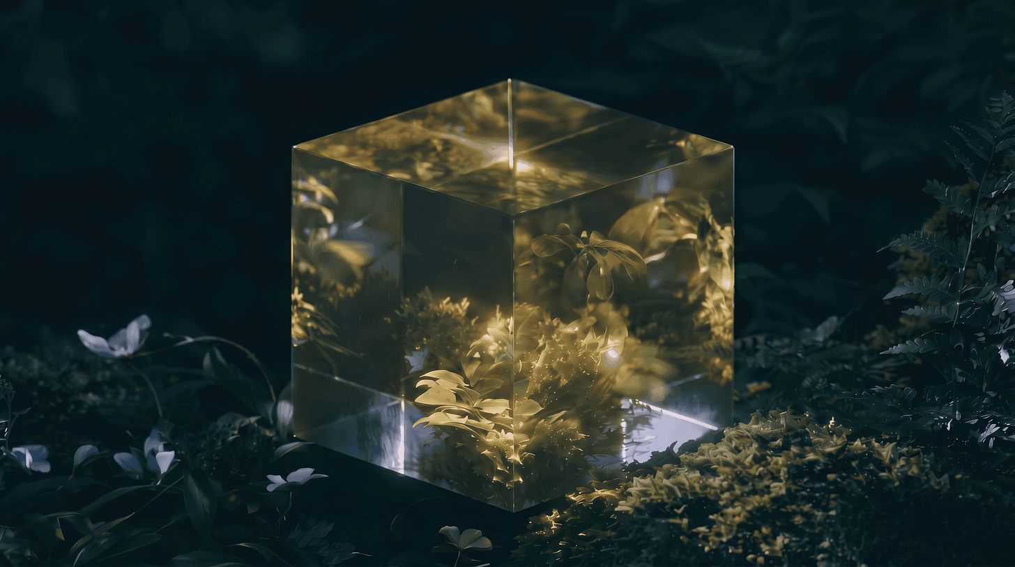 A glowing glass cube filled with lush green plants sits in a dark forest, with lines of white computer code floating across its transparent surface.