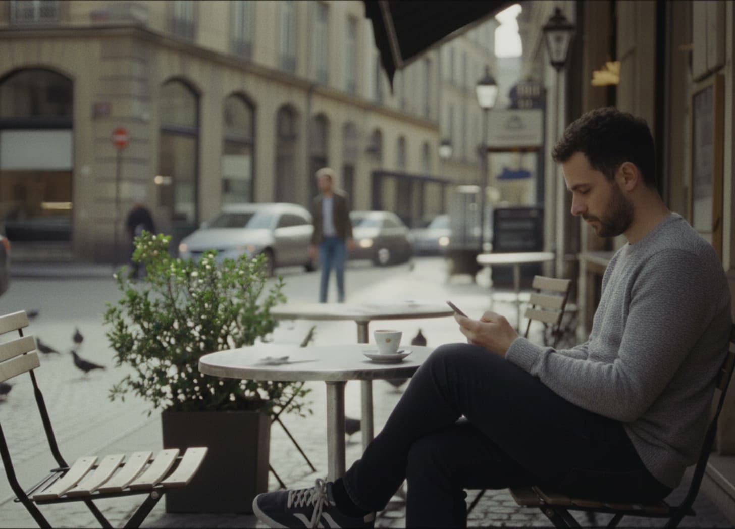 Man sitting at a coffee shop looking at his phone with pigeons on the street Man sitting at a coffee shop looking at his phone with pigeons on the street