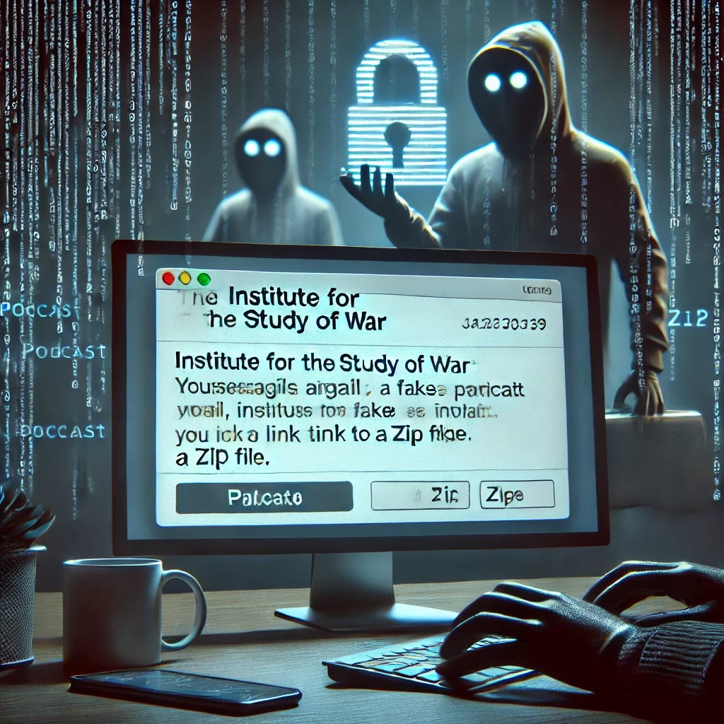 An image depicting a sophisticated phishing attack scene involving a fake podcast invitation. The setting should include a computer screen displaying an email interface with a suspicious email from the 'Institute for the Study of War.' The email should contain a link to a ZIP file, hinting at malicious intent. In the background, faint, shadowy figures represent cyber attackers, with lines of code subtly integrated into the image, symbolizing malware deployment. The overall atmosphere should be tense, emphasizing the cybersecurity threat.