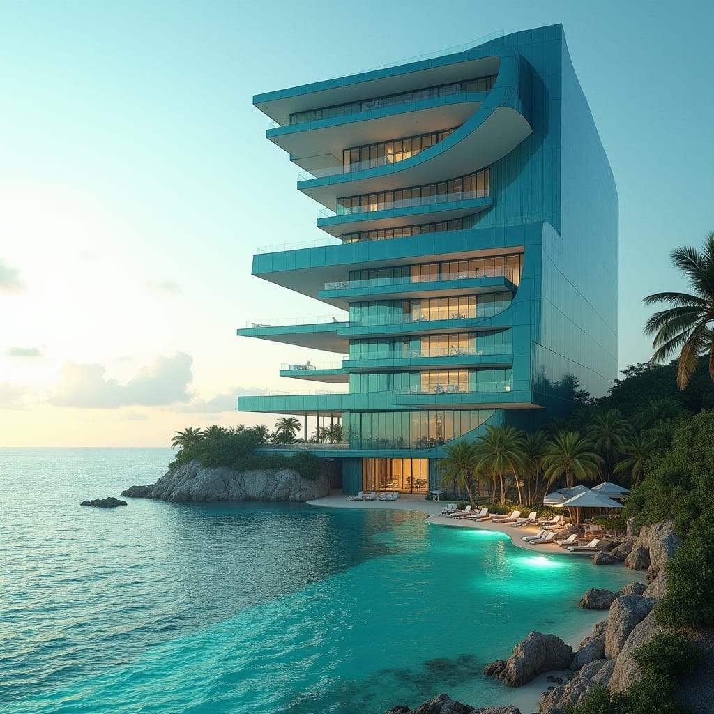  A sleek, modern 20-story glass hotel stands prominently on  Caribbean beechline, its  Protruding windows, multiple swimming suspending above ground and on the ground merging into sea.  platforms create a dynamic, futuristic aesthetic, evoking a sense of tropical modernity.  
