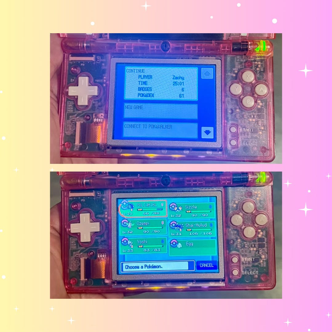 pink and yellow ombre background with white sparkle graphics. There are two images of a Nintendo DS showing the game summary and Pokémon lineup. Game summary shows player name is Zachy, time played is 25:01 hours, badges collected is 6, Pokémon registered in the Pokédex is 61. Current lineup is described in text of EGGZACHLY below this image. 